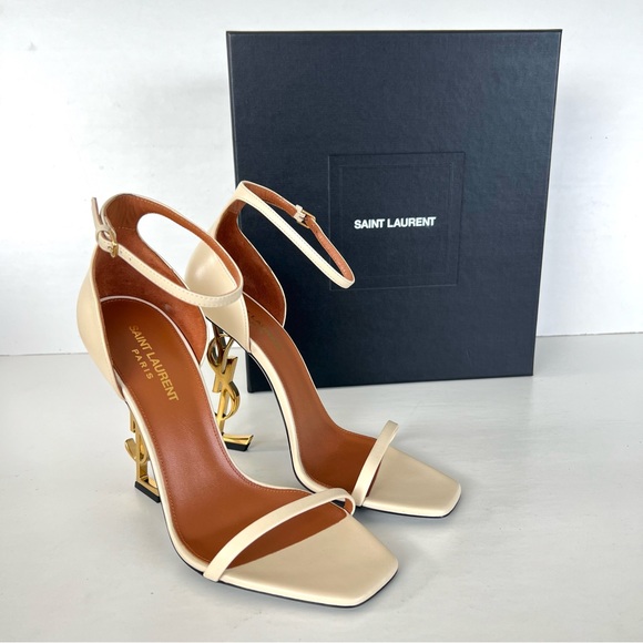 SAINT LAURENT Opyum Beige Leather Ankle Strap Open Toe Heel Sandals Sz 39 NWT - Picture 2 of 15